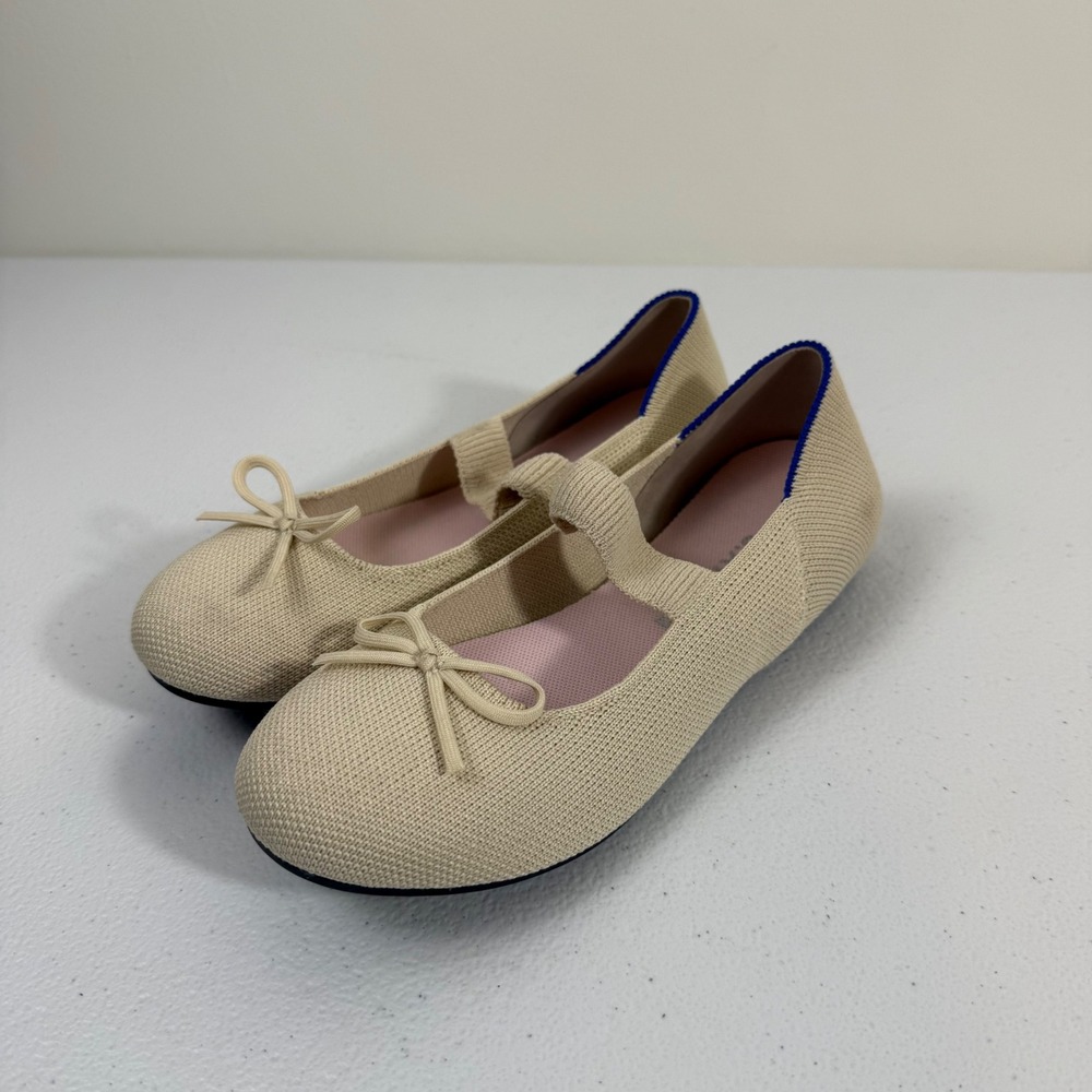 Rothys Kids Mary Jane Sand Beige Knit Bow Flats Shoes Size K3
